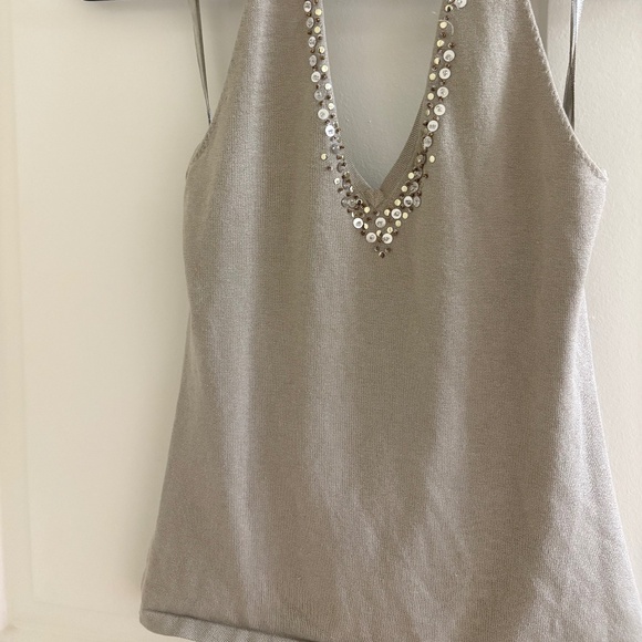 Taupe Sequin Embellished Halter Knit Top | V-Neck Sparkle Detail - Size Small - Picture 7 of 7
